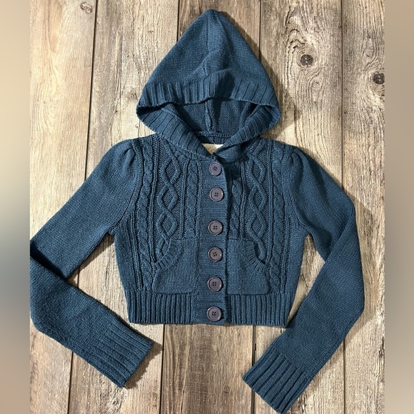 Love Rocks Sweaters - Love Rocks Midnight Blue Hooded Button Down Cableknit Cropped Sweater - M